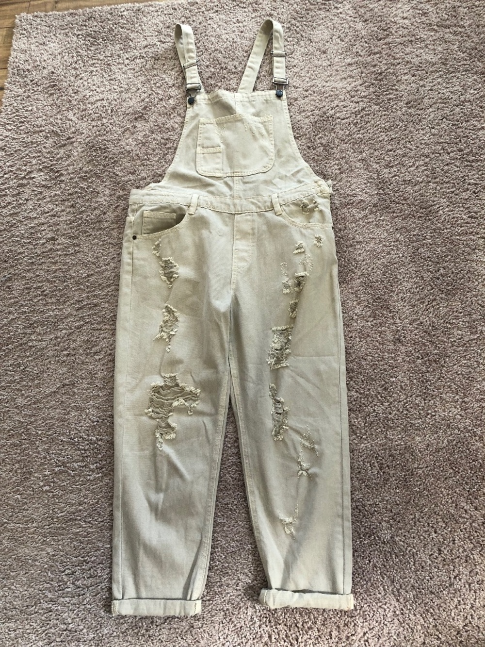Signature Beige Denim Distressed Overalls size M 33” Waist to Leg Cuff